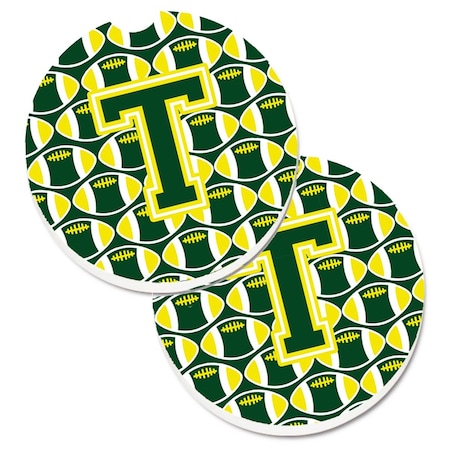 Carolines Treasures Letter T Football Green and Yellow Set of 2 Cup Holder Car Coaster CJ1075-TCARC
